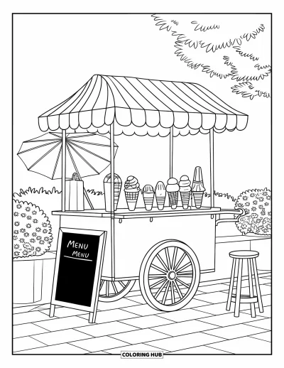 Coloriage de glaces d'été pour enfants : Un joyeux chariot de coupes glacées et de sucettes attend sur un trottoir baigné de soleil