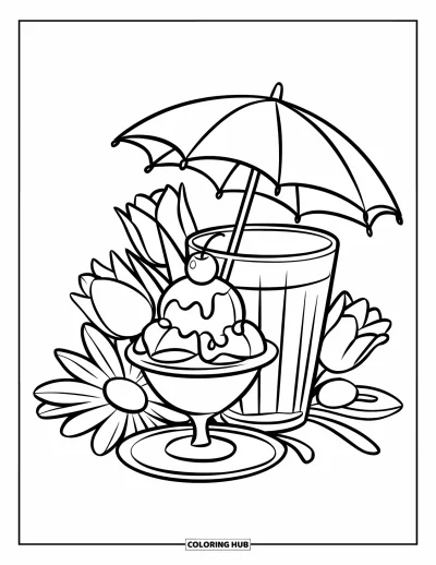 Coloriage de glaces d'été pour enfants : Une coupe glacée joyeuse ornée de fleurs et d'un petit parasol à l'air rafraîchissant