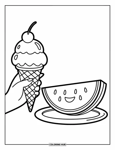 Coloriage de glaces d'été pour enfants : Un cornet avec une cerise et une tranche de pastèque se saluent joyeusement sous le soleil