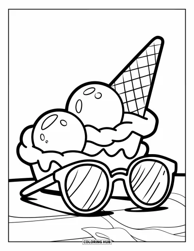 Coloriage de glaces d'été pour enfants : Un cornet triple boule avec des lunettes de soleil rayonne sous le soleil