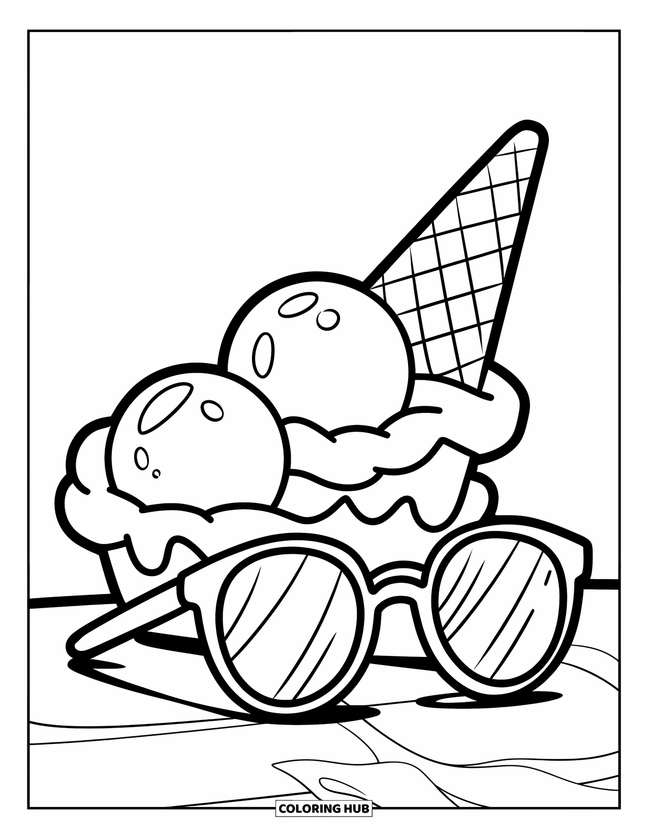 Summer Ice Cream Coloring Page for Kids: A cool triple-scoop cone with sunglasses beams under the sun