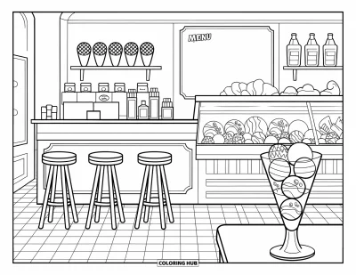 Coloriage de glaces d'été pour enfants : Un salon de glaces chaleureux avec un comptoir rétro et des parfaits en préparation