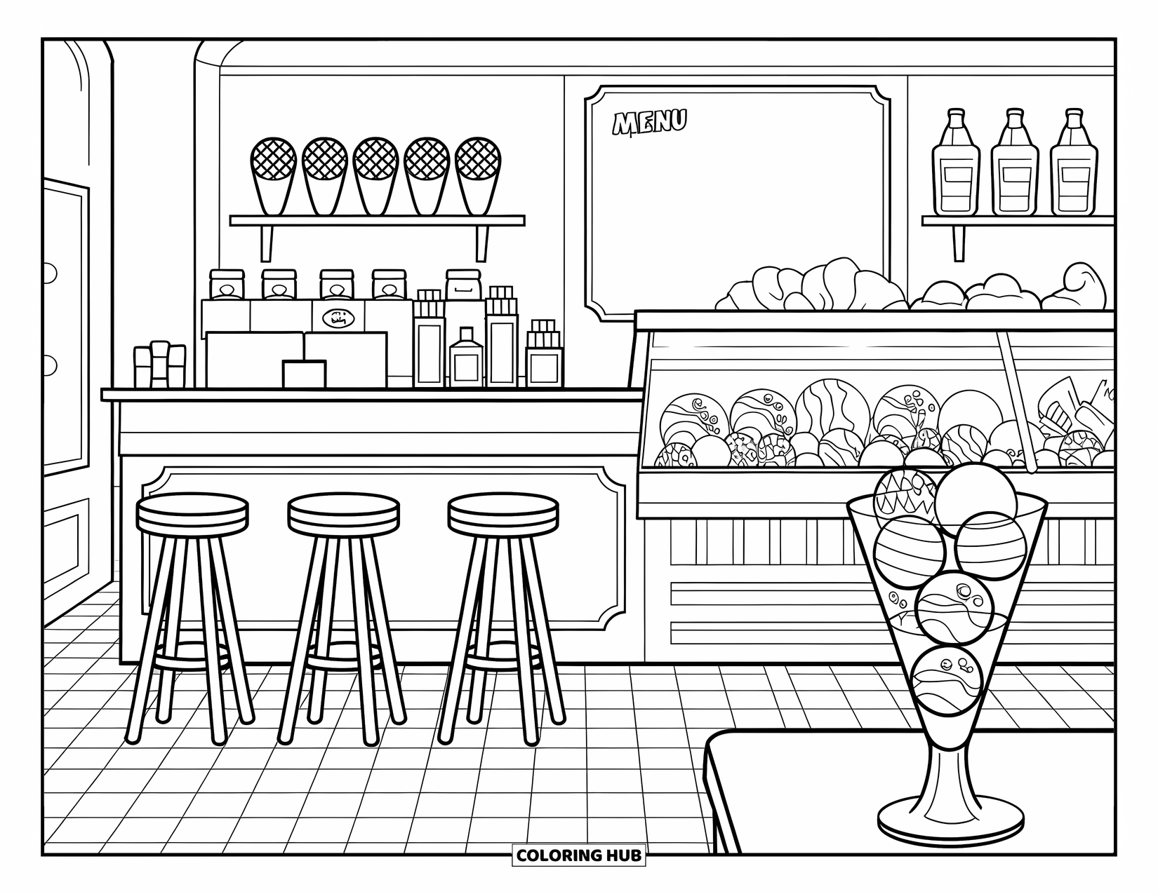Summer Ice Cream Coloring Page for Kids: A cozy ice cream shop with a retro counter and parfaits being made