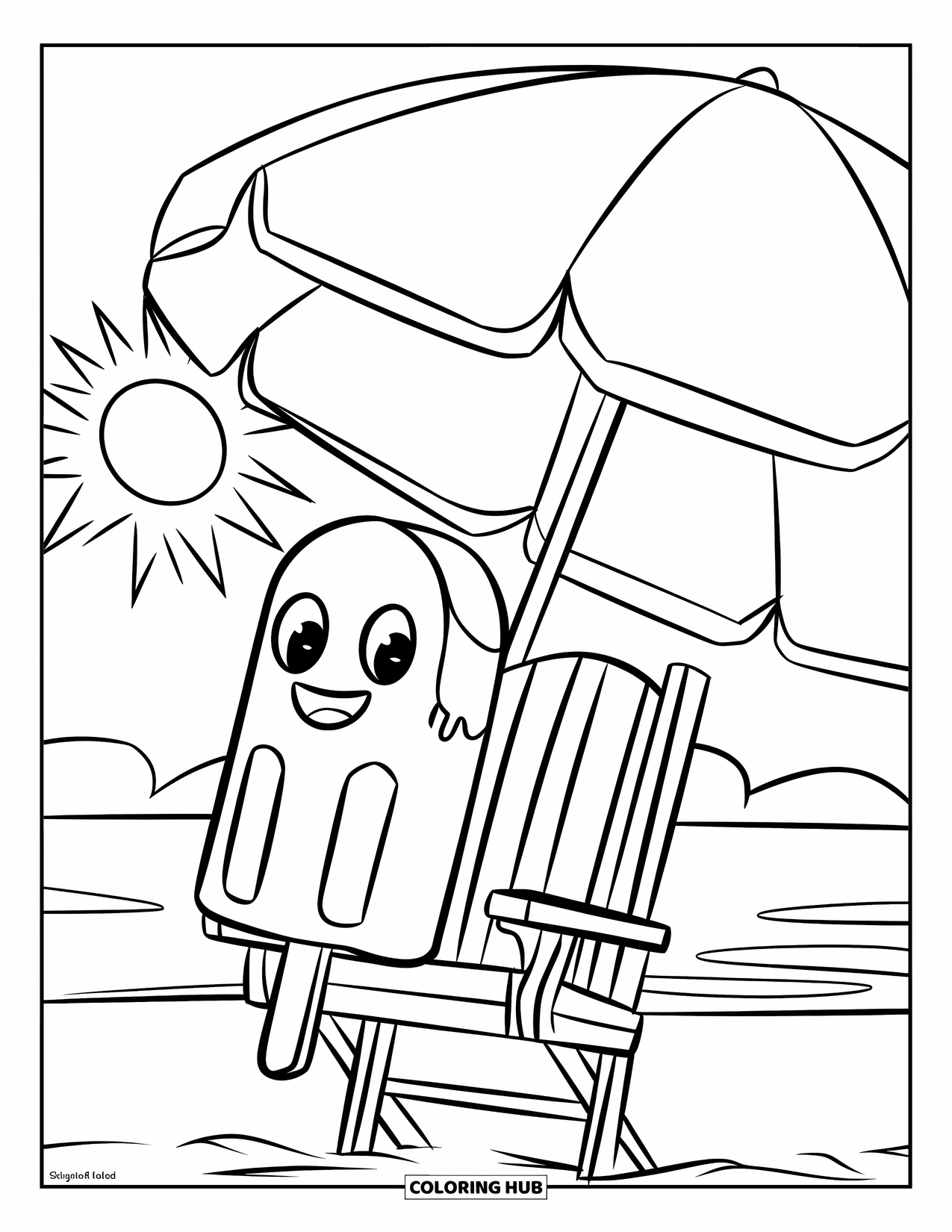 Summer Ice Cream Coloring Page for Kids: A friendly popsicle relaxes under a sunny umbrella by the sea