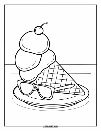 Coloriage de glaces d'été pour enfants : Un cornet de glace rigolo avec des lunettes de soleil et une cerise sourit joyeusement