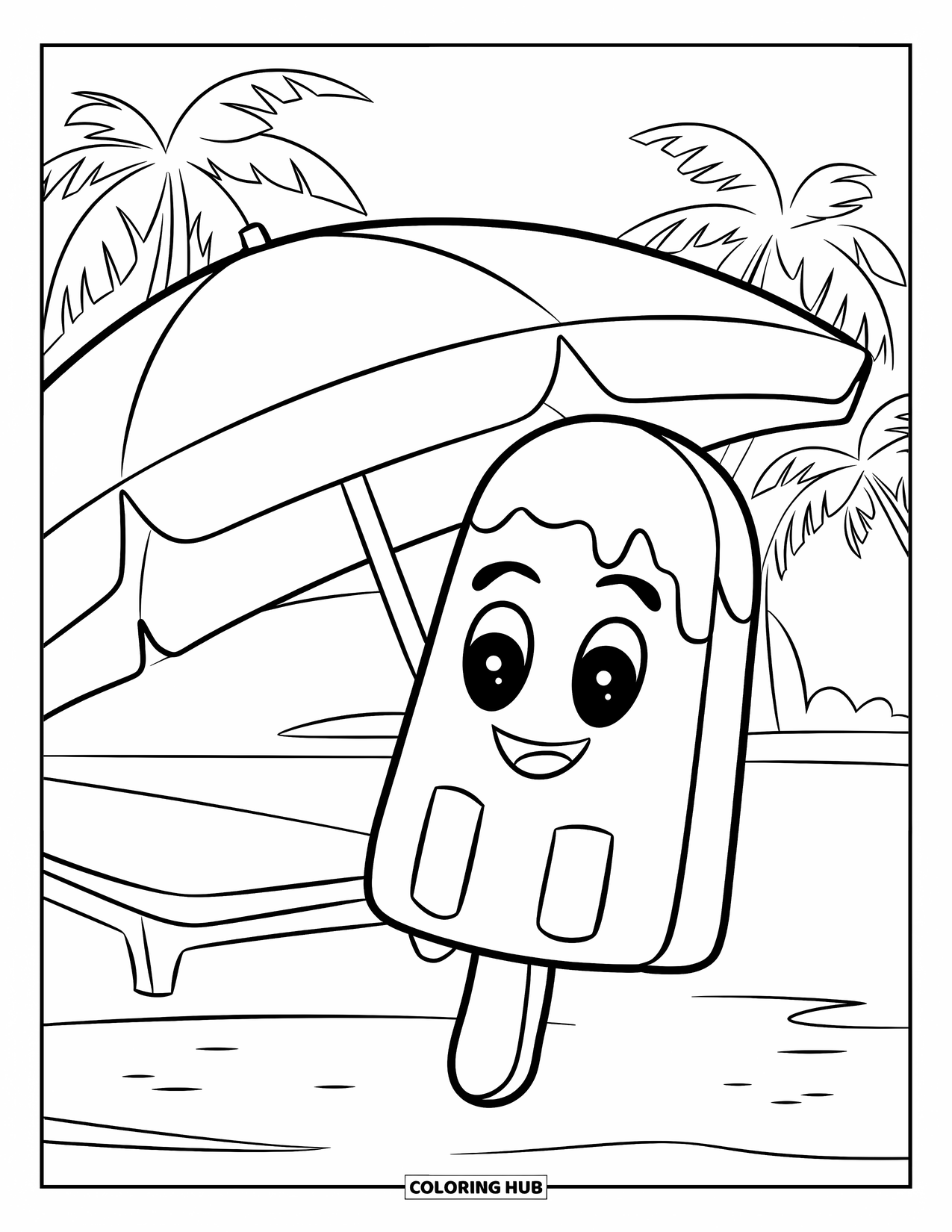 Summer Ice Cream Coloring Page for Kids: A happy popsicle stands under a striped beach umbrella