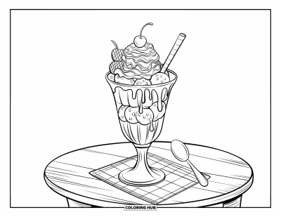 Coloriage de glaces d'été pour enfants : Un sundae en couches avec de la chantilly et du sirop à côté d'une cuillère