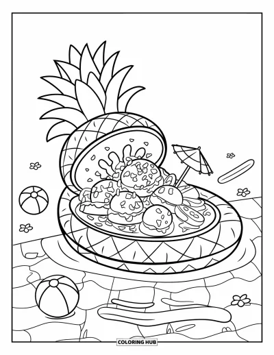 Coloriage de glaces d'été pour enfants : Un flotteur ananas transporte une coupe glacée tropicale sur l'eau scintillante de la piscine