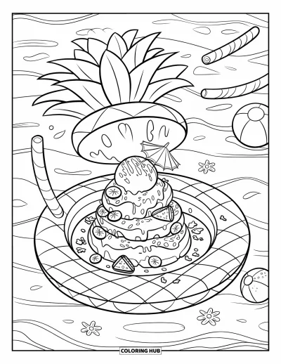 Coloriage de glaces d'été pour enfants : Un flotteur ananas dérive avec une coupe glacée débordante dans la piscine