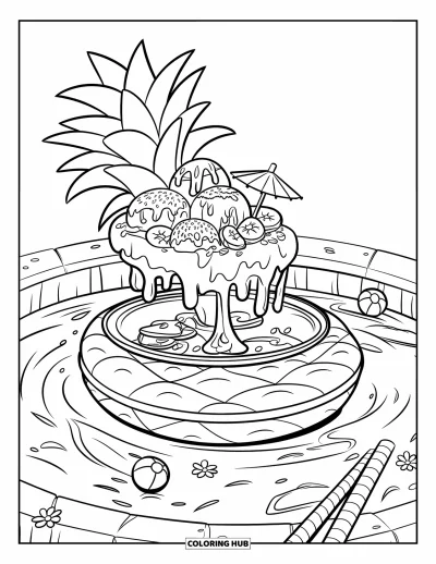Coloriage de glaces d'été pour enfants : Un matelas gonflable de piscine supporte une coupe glacée avec des rondelles de banane et un parasol cocktail