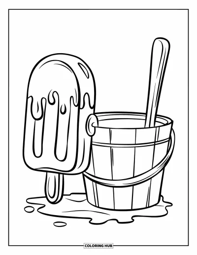 Coloriage de glaces d'été pour enfants : Une sucette glacée repose à côté d'un seau et d'une pelle dans le sable de la plage