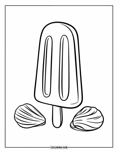 Coloriage de glaces d'été pour enfants : Une sucette glacée bien droite flanquée de deux coquillages sur le sable blanc