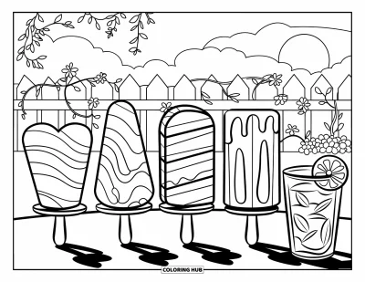 Coloriage de glaces d'été pour enfants : Une rangée de mignonnes sucettes glacées fond au soleil à côté d'un verre de thé