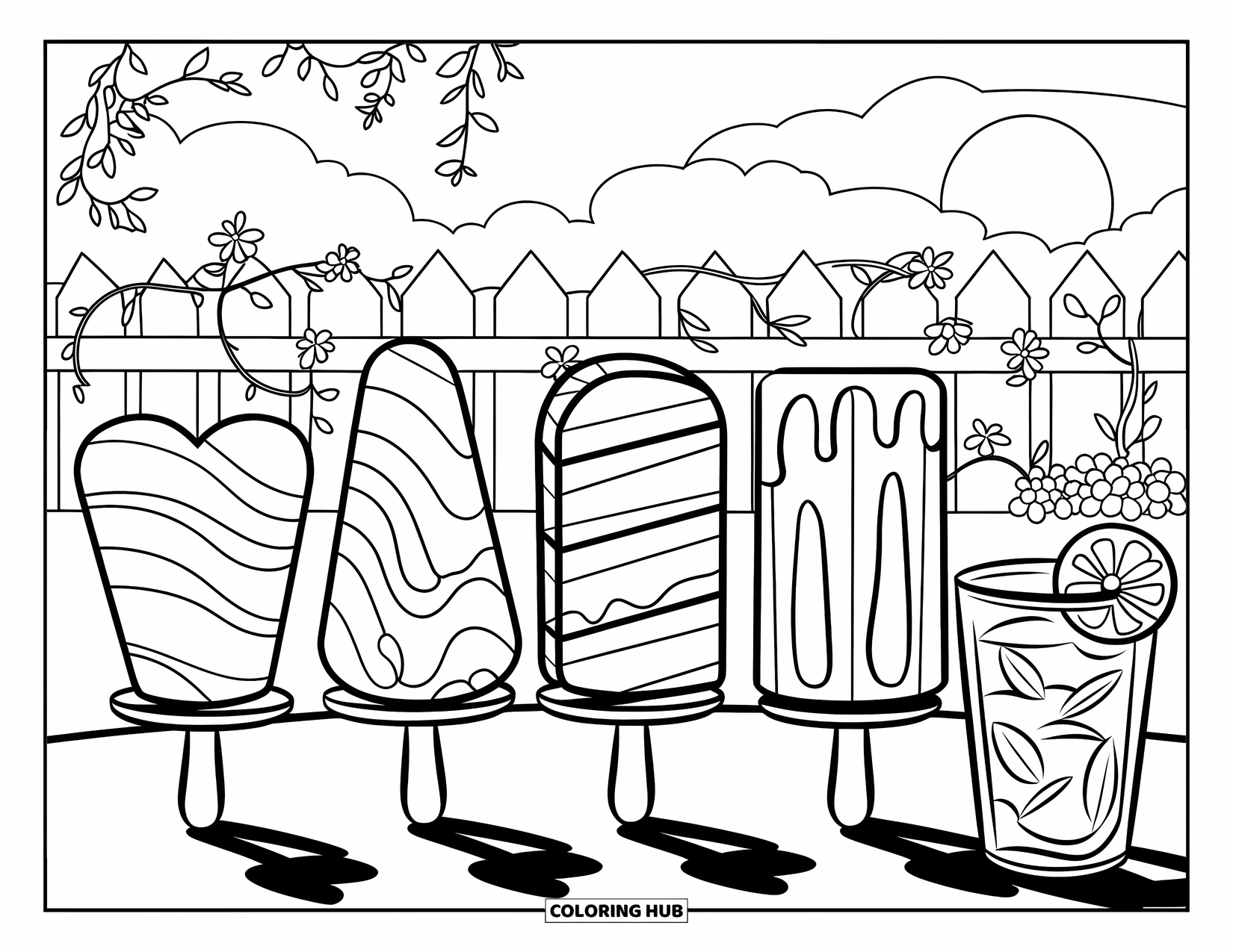 Summer Ice Cream Coloring Page for Kids: A row of cute popsicles melts in the sunshine beside a glass of tea