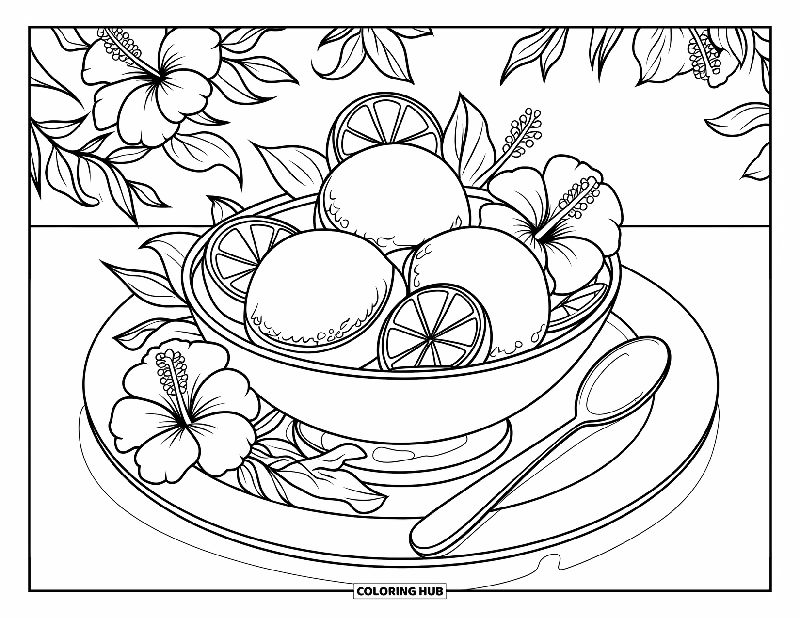 Summer Ice Cream Coloring Page for Kids: A simple bowl of ice cream with flowers and lemon slices around it