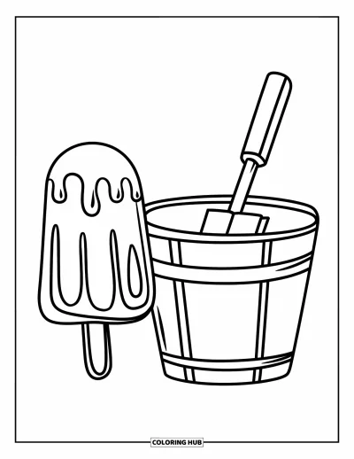 Coloriage de glaces d'été pour enfants : Une simple sucette glacée posée près d'un seau et d'une pelle sur la plage