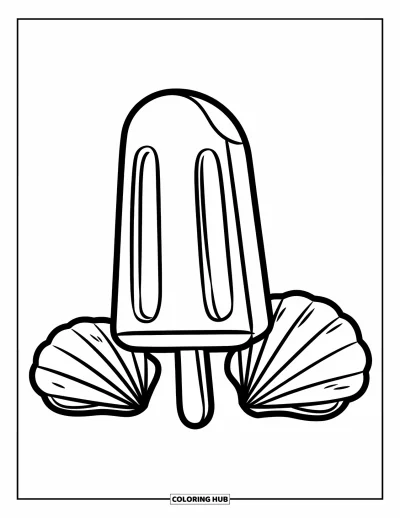Coloriage de glaces d'été pour enfants : Une sucette glacée simple avec des coquillages pour une belle scène de plage ensoleillée