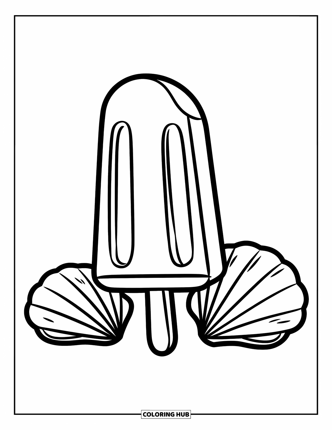 Summer Ice Cream Coloring Page for Kids: A simple popsicle with seashells makes a sunny beach scene