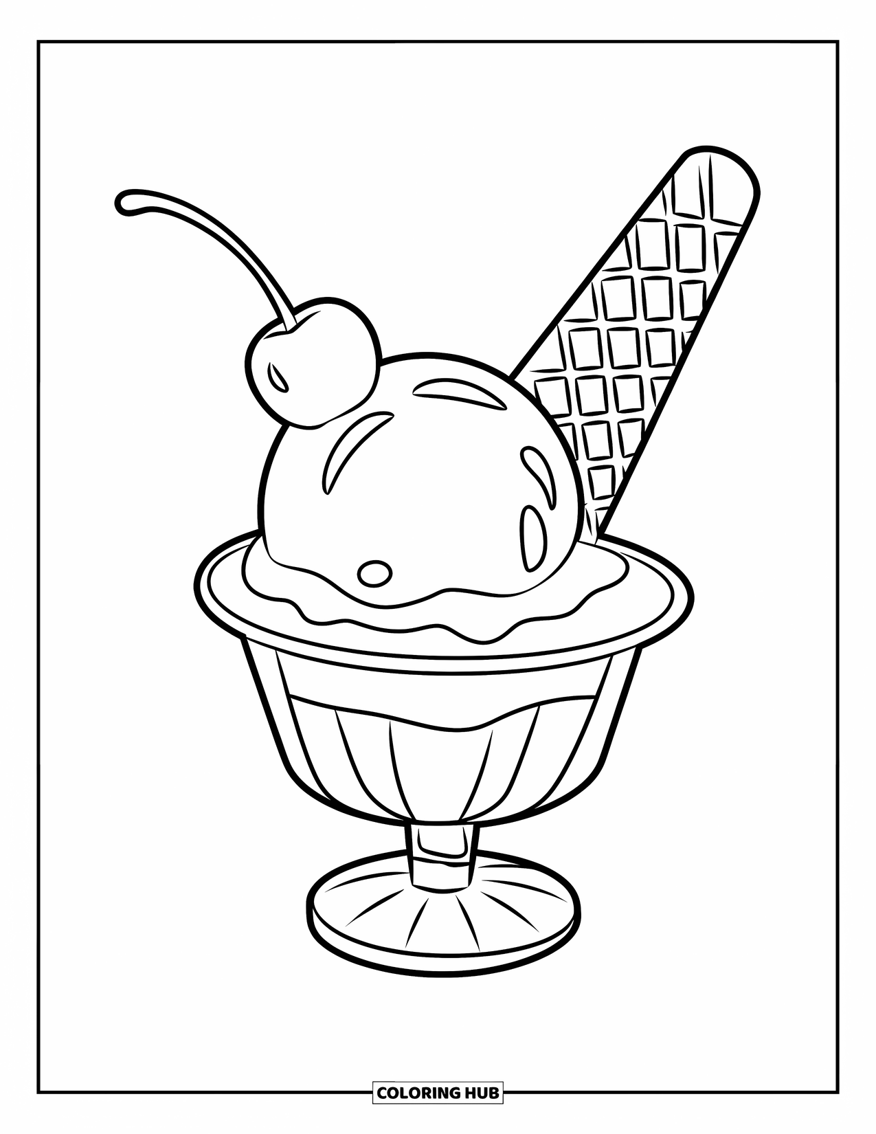 Summer Ice Cream Coloring Page for Kids: A simple sundae cup with a big scoop and cherry feels joyful