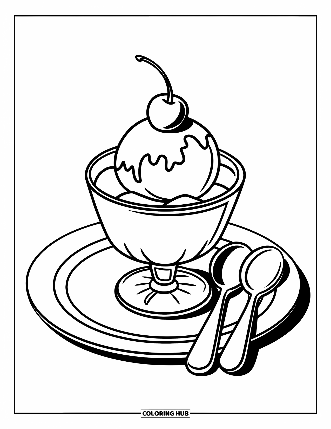 Summer Ice Cream Coloring Page for Kids: A single-scoop sundae with a cherry and two spoons looks sweet