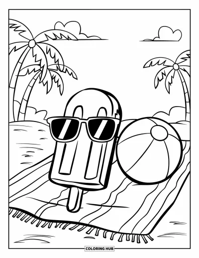 Coloriage de glaces d'été pour enfants : Une sucette glacée souriante se prélasse sur une serviette près d'un ballon de plage