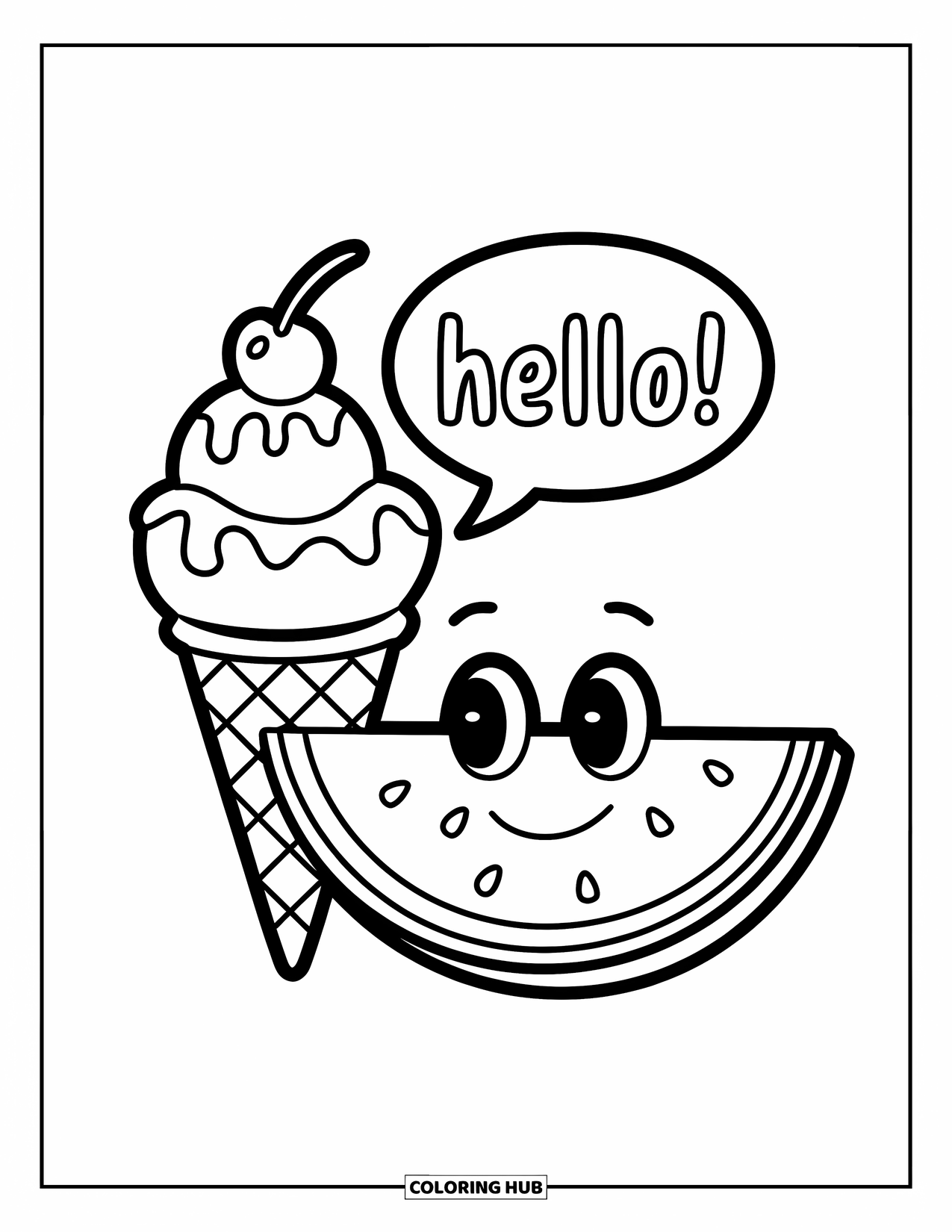 Summer Ice Cream Coloring Page for Kids: A smiling watermelon slice greets an ice cream cone with a cherry