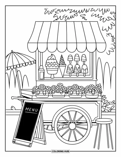 Coloriage de glaces d'été pour enfants : Un chariot de glaces rayé présente des gourmandises colorées et un menu sur ardoise