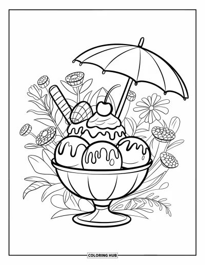 Coloriage de glaces d'été pour enfants : Une coupe glacée d'été avec un parasol et un vase fleuri tout à côté