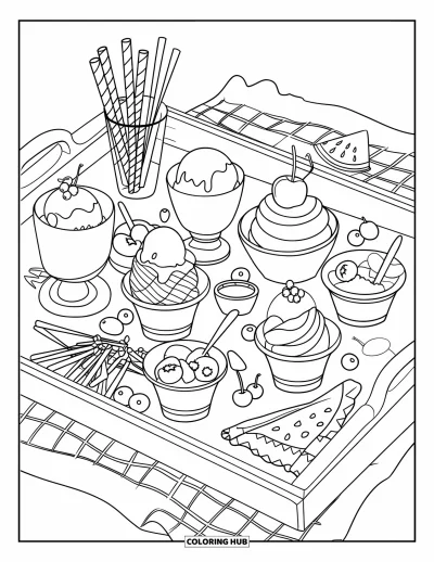 Coloriage de glaces d'été pour enfants : Un plateau d'été avec de la glace, du sirop et des fruits frais à l'aspect irrésistible