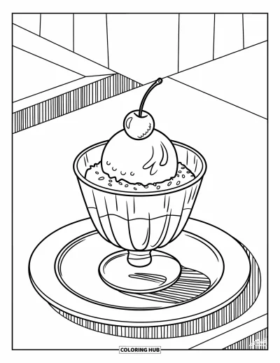 Coloriage de glaces d'été pour enfants : Une coupe glacée simple avec une boule et une cerise sur le dessus