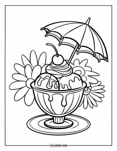 Coloriage de glaces d'été pour enfants : Une coupe glacée avec de la crème chantilly et des fleurs à l'ombre d'un parasol