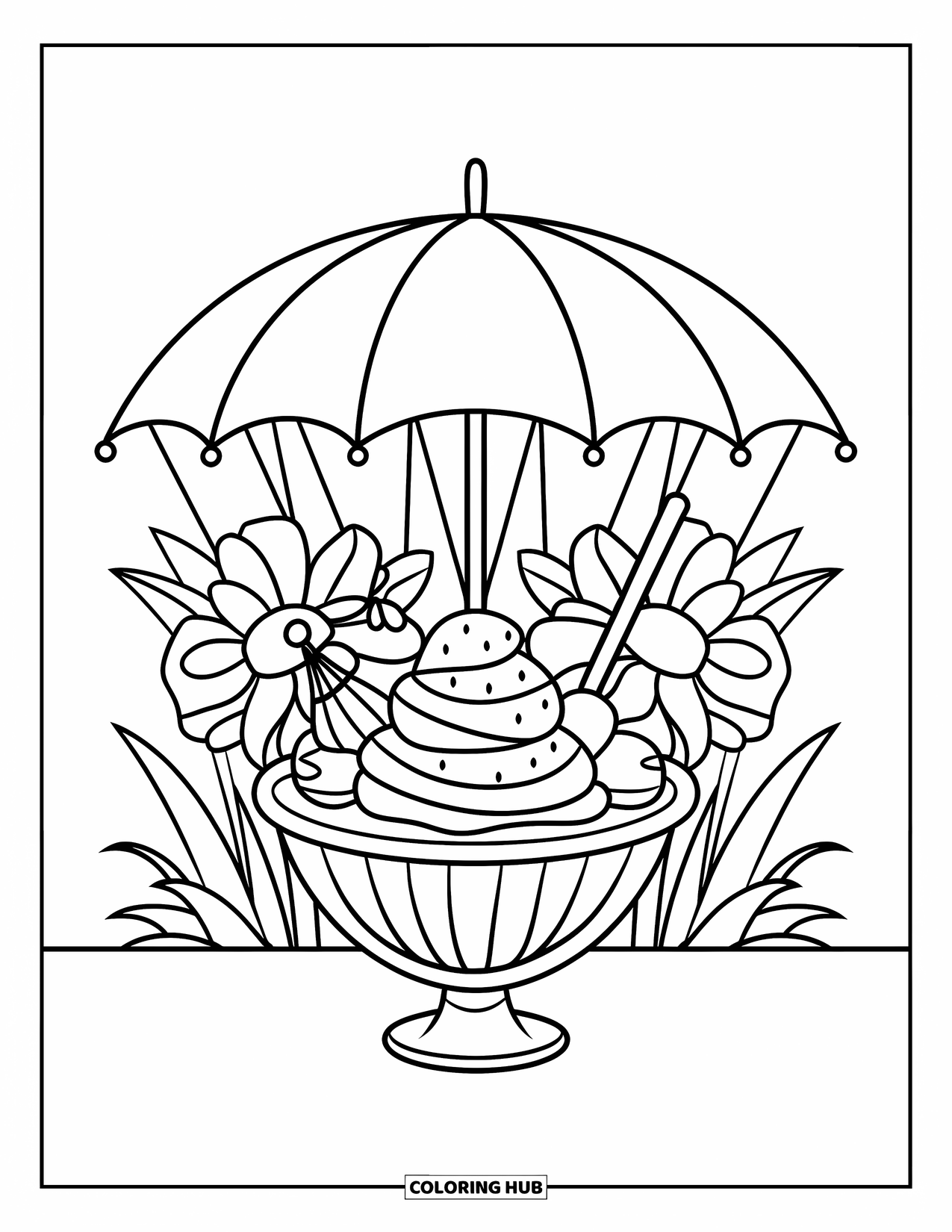 Summer Ice Cream Coloring Page for Kids: A sundae topped with syrup and flowers sits under a tiny umbrella