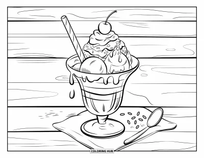 Coloriage de glaces d'été pour enfants : Une coupe glacée avec des boules, du sirop et une cerise qui brille sur une table en bois