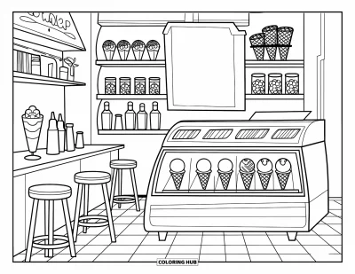 Coloriage de glaces d'été pour enfants : Une boutique de glaces ensoleillée remplie de cornets, de garnitures et d'un verre à parfait