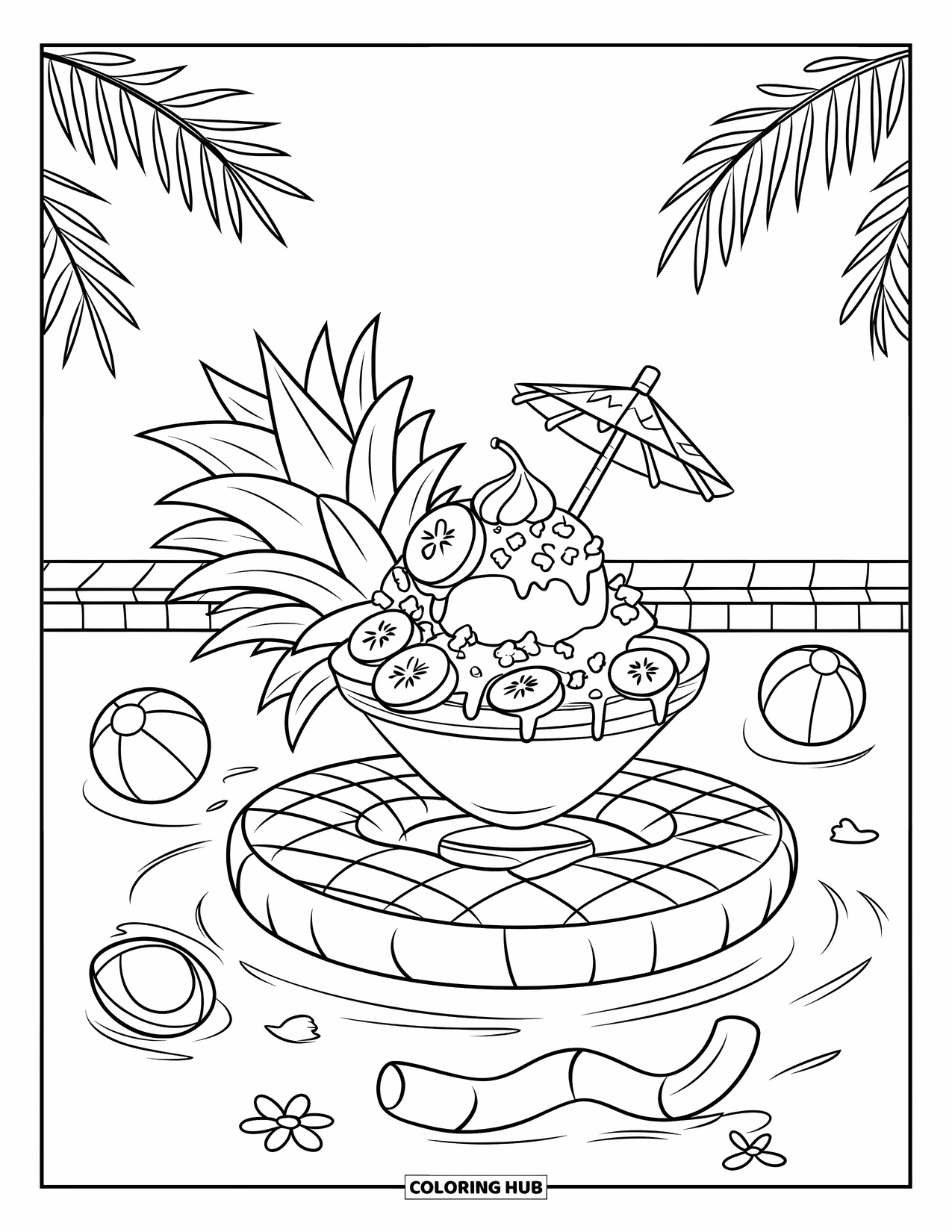 Summer Ice Cream Coloring Page for Kids: A sunny pool scene with a pineapple float and a tropical sundae