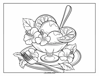 Coloriage de glaces d'été pour enfants : Un bol de glace avec des tranches de citron et une cuillère à côté