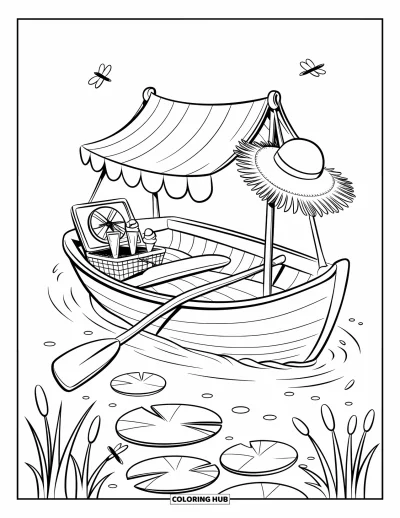 Coloriage de glaces d'été pour enfants : Un adorable bateau de pique-nique avec des coupes glacées dérive doucement sur un lac aux légères ondulations