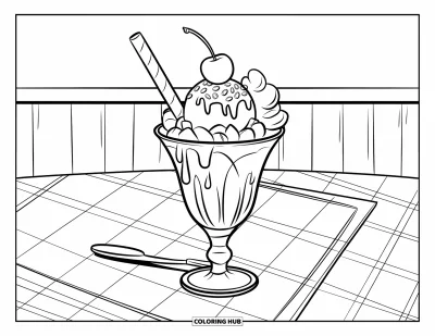 Coloriage de glaces d'été pour enfants : Un grand verre de coupe glacée surmonté de crème chantilly et de fruits posé sur une table