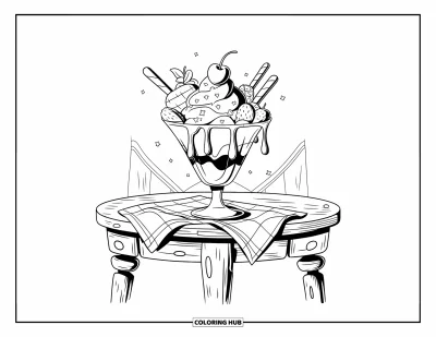 Coloriage de glaces d'été pour enfants : Une grande coupe avec des fruits et du sirop posée sur une table à carreaux