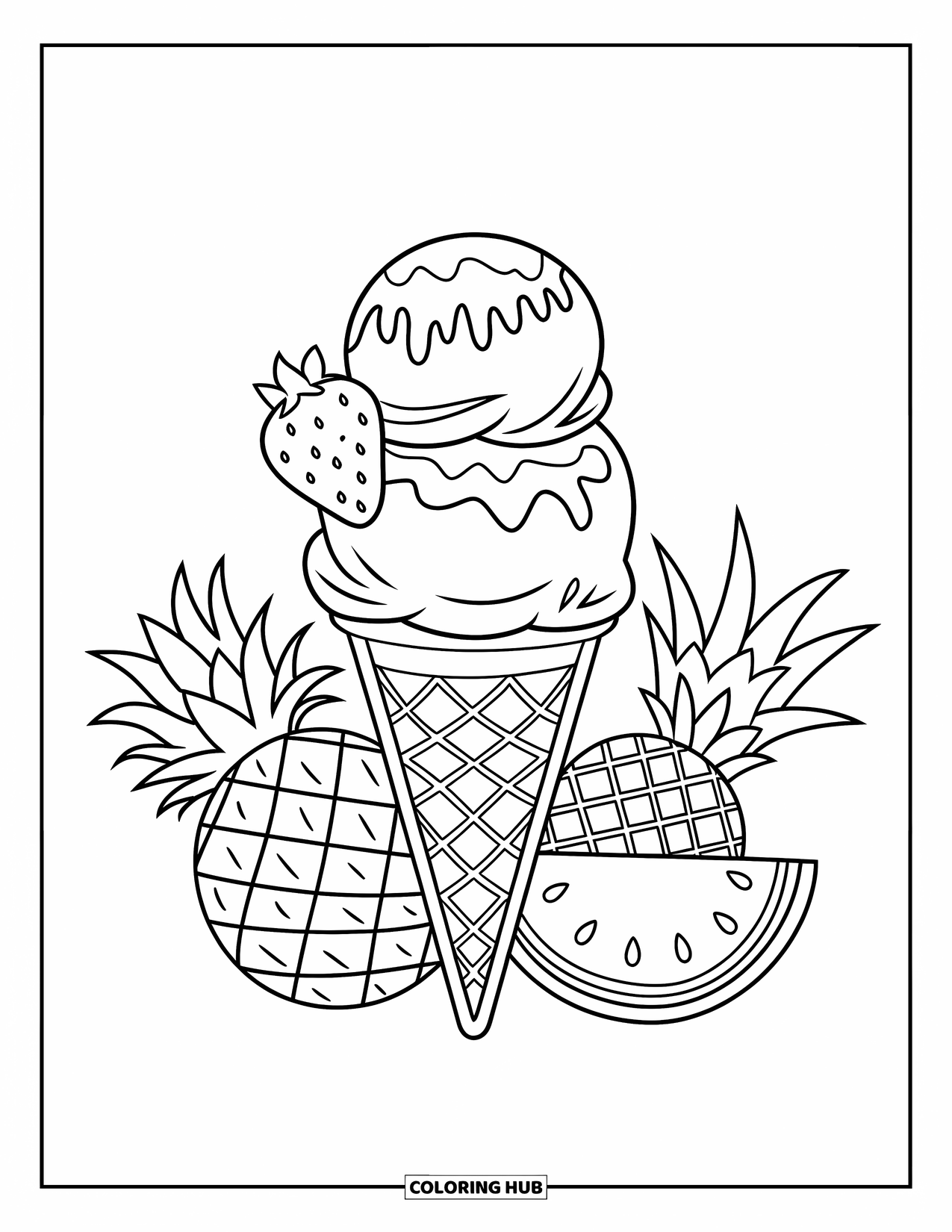 Summer Ice Cream Coloring Page for Kids: A three-scoop cone beside watermelon and pineapple feels summer-fresh