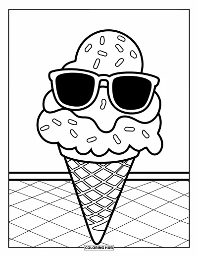 Coloriage de glaces d'été pour enfants : Un cornet trois boules avec des lunettes de soleil posé sur une surface ensoleillée