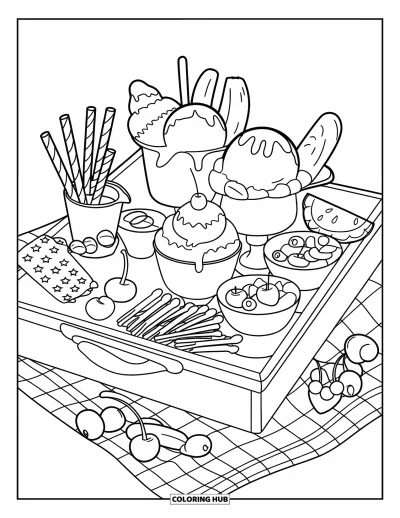 Coloriage de glaces d'été pour enfants : Un plateau de coupes glacées et de fruits posé sur une nappe à carreaux vichy