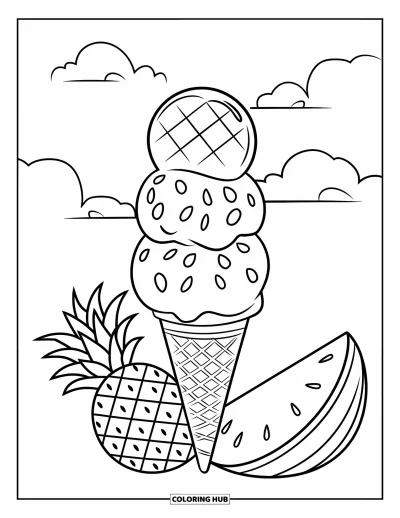 Coloriage de glaces d'été pour enfants : Un cornet triple boule avec de l'ananas et de la pastèque à ses côtés