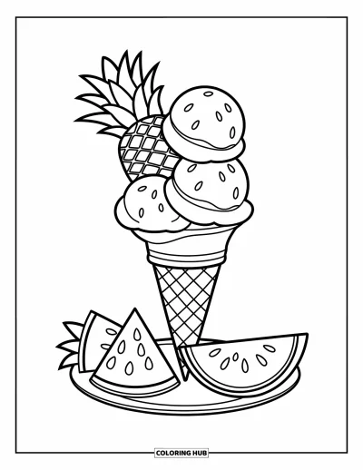 Coloriage de glaces d'été pour enfants : Un cornet de glace tropical entouré de tranches d'ananas et de pastèque
