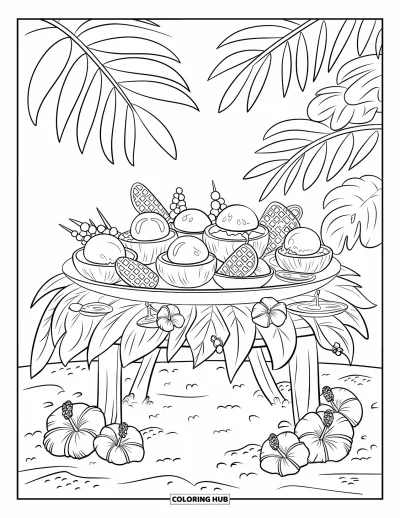 Coloriage de glaces d'été pour enfants : Un festin de glaces tropical sous des palmiers avec des fruits et des fleurs