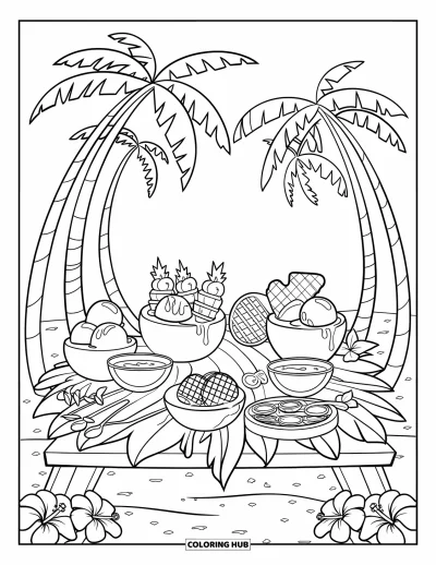 Coloriage de glaces d'été pour enfants : Une table tropicale garnie de glaces servies dans des noix de coco et des ananas
