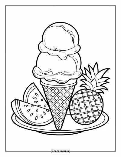 Coloriage de glaces d'été pour enfants : Un cornet gaufré avec des boules aux saveurs de fruits et des tranches de fruits tropicaux