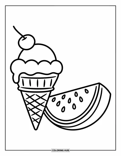 Coloriage de glaces d'été pour enfants : Un cornet de glace et une tranche de pastèque souriante forment un duo plein de bonne humeur