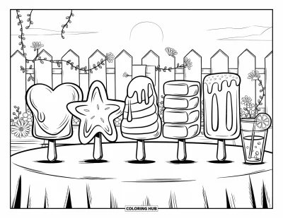 Coloriage de glaces d'été pour enfants : Des sucettes glacées colorées alignées sur une table sous le soleil d'été avec des fleurs à proximité