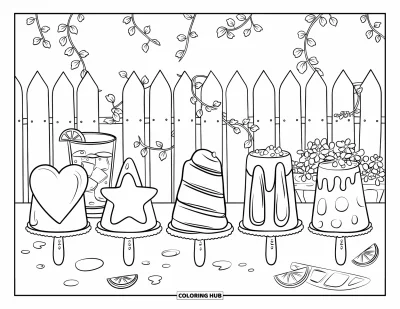 Coloriage de glaces d'été pour enfants : Cinq sucettes glacées colorées posées sur une table sous le doux soleil d'été